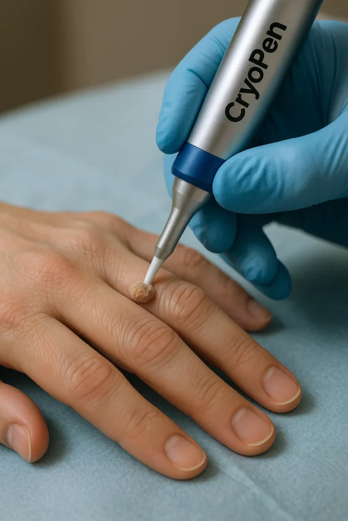 example of cryopen wart removal Hampton Wick treatment on a persons finger