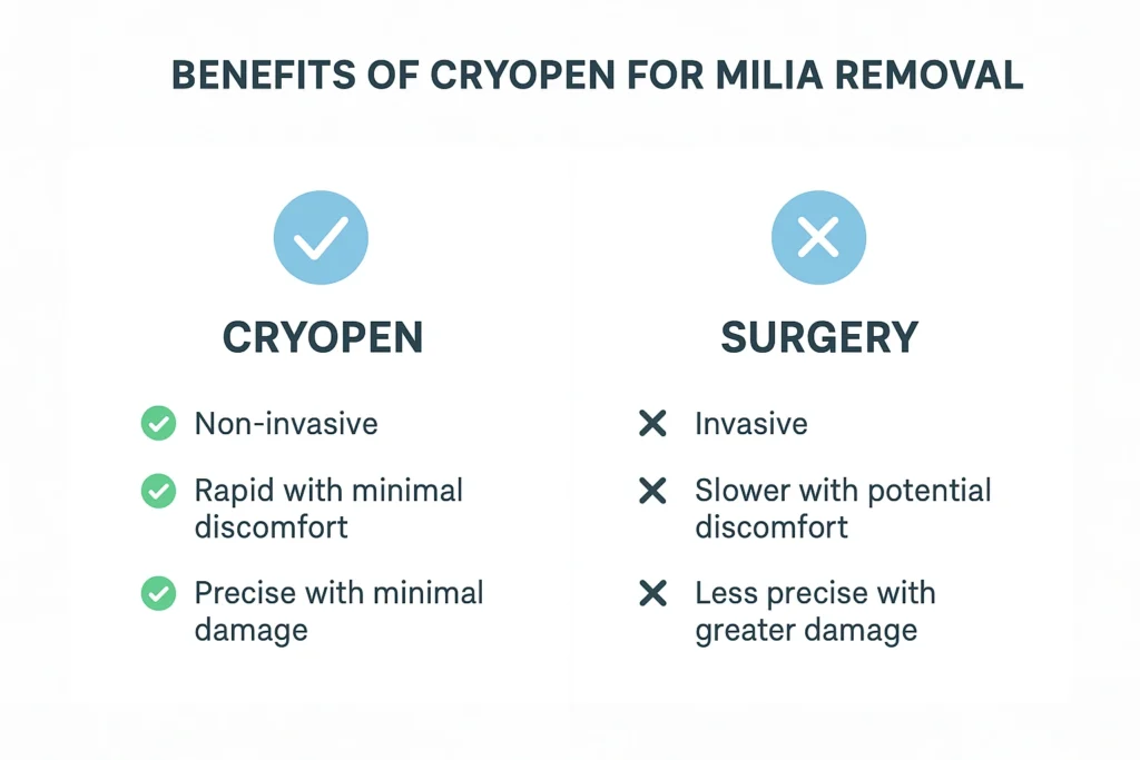 Benefits of cryopen for milia removal Hampton Wick compared to surgical treatments.