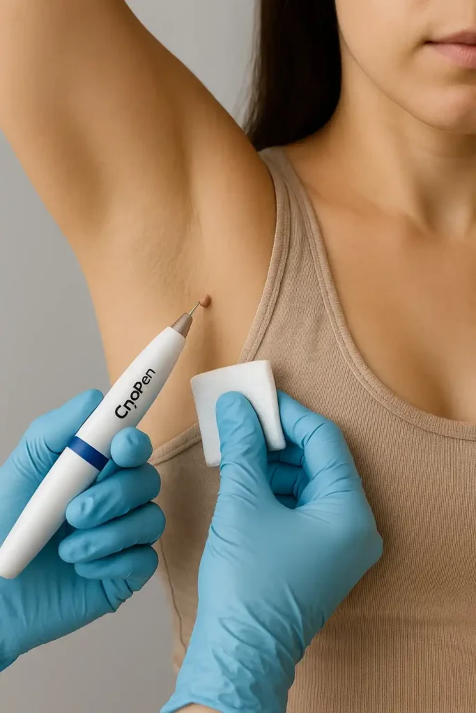 woman having cryopen to remove underarm skin tags Hampton Wick