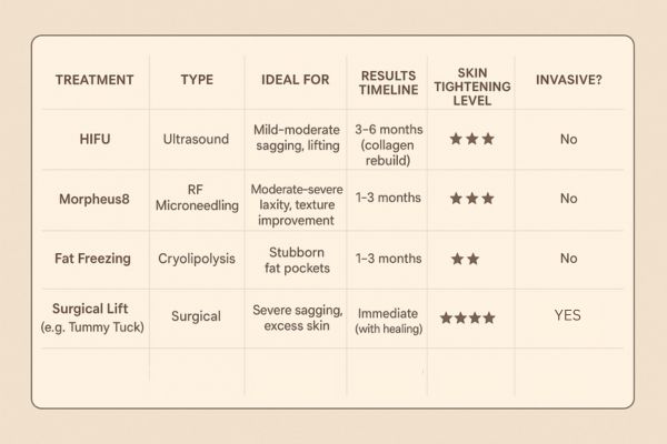 Table showing the comparisons of Skin tightening Hampton Wick treatment options.